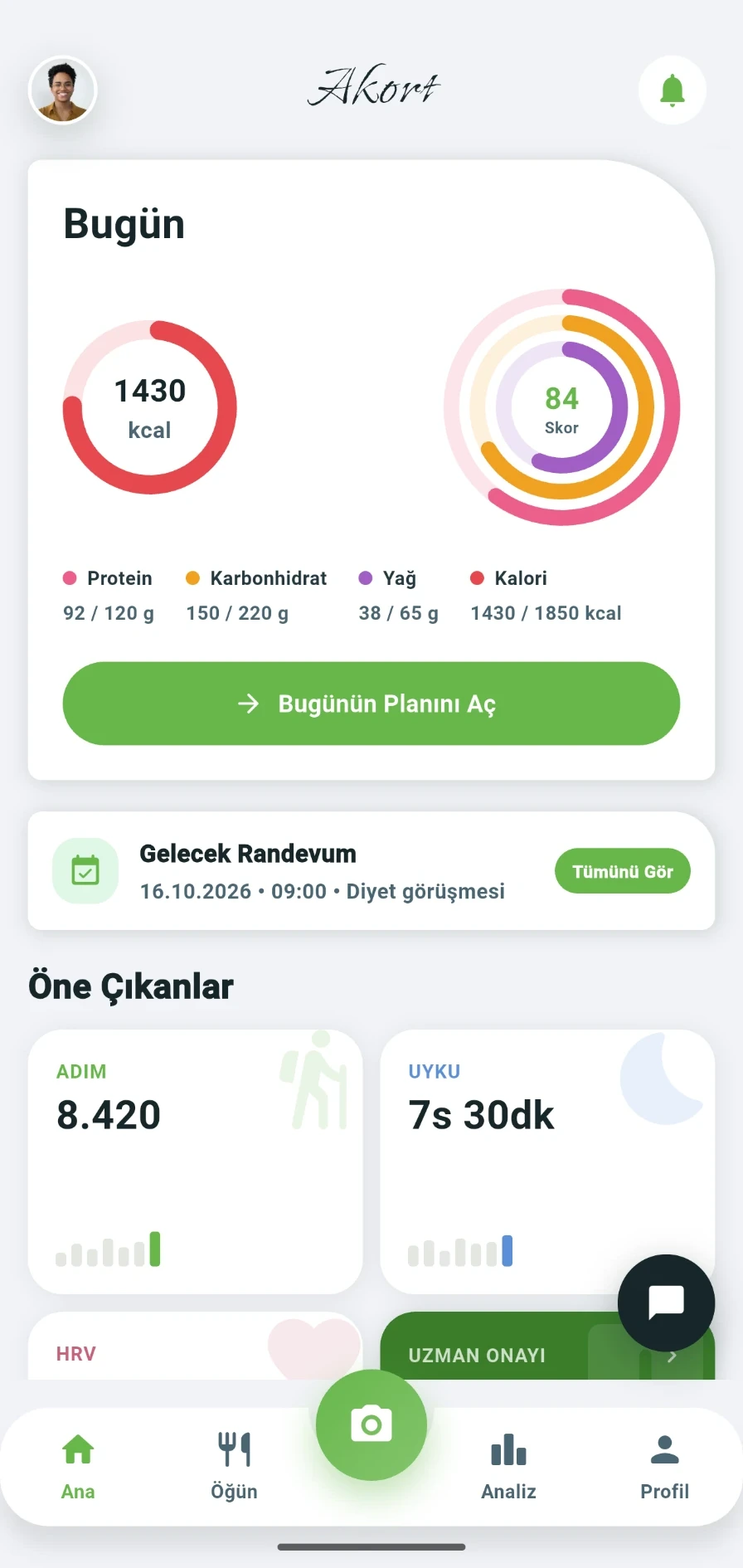 Danışan uygulaması ana ekranı: günlük kalori ve makro halkaları